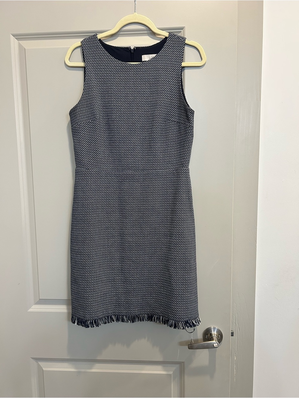 LOFT Navy and White Textured Sleeveless Mini Dress with Fringe